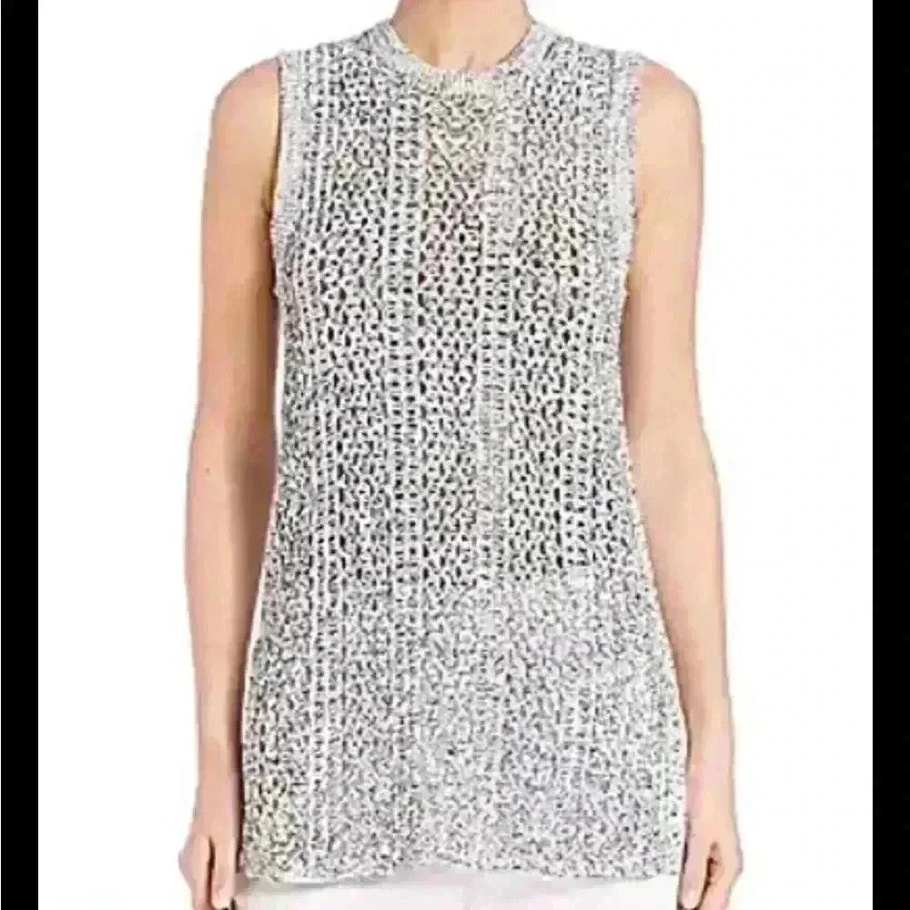 Theory Women's Sleeveless Sweater SMALL White/Black Meenaly Iras Cotton Linen